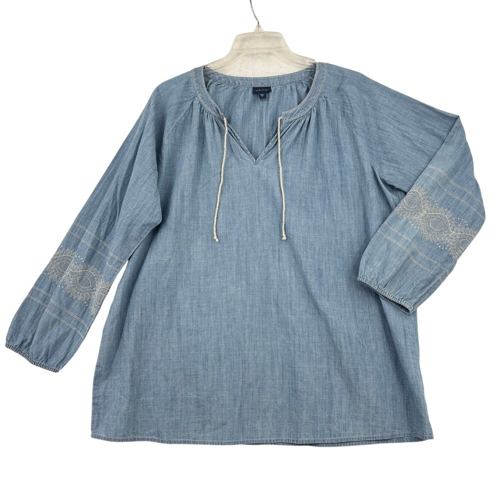 J Jill‎ Denim Chambray Blouse Top XL Blue Embroidered Cotton Oversized Tie Neck